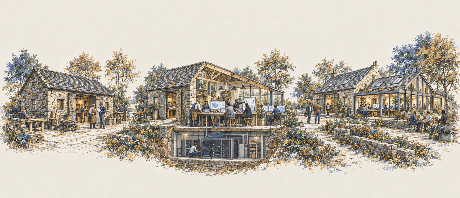 The same workshop across three stages: established industry expertise, a shared team building software with connected technology, and a thriving expanded business
