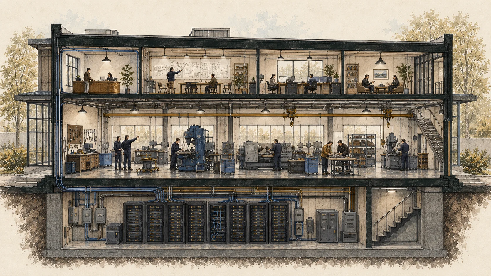Illustrated cutaway connecting offices and a working company to shared product and engineering infrastructure